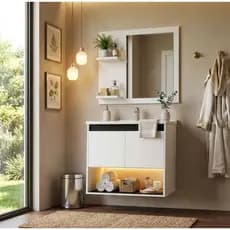 CONJUNTO GABINETE DE BANHEIRO + CUBA + ESPELHEIRA ZENITH DETALHES EM NATURE