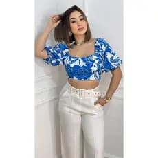 Cropped Estampa Tropical Azul Com bojo Amarra nas Costas