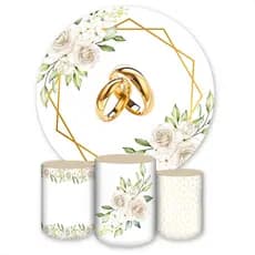 Kit Painel Redondo + Capas de Cilindro Sublimados Para Festas Tema Bodas e Casamento