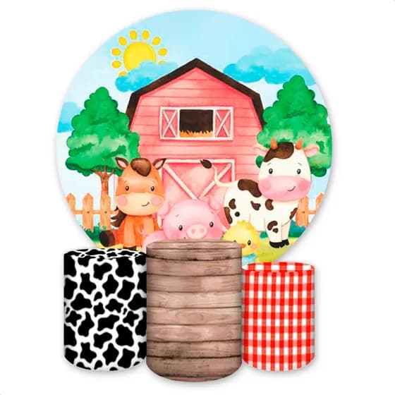 Kit Painel Redondo + Capas de Cilindro Sublimados Para Festas Tema Fazendinha
