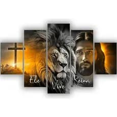 kit Quadro Decorativo Frases Leão Jesus Ele Vive Reina 5 Peças mais vendido ,