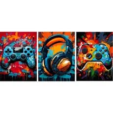 KIT Quadro Decorativo para quarto  Controle Gamer Colorido Jogo Headset menino ,