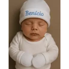 Kit Touca Bordada e Luva Bebê Menino e Menina Recém Nascido Touca Bordada com Nome 100% Algodão Luxo