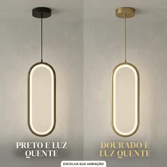 Pendente Lustre Oval LED Bq Preto ou Gold Dourado Decoração Moderno Escritório Sala Bancada Quarto