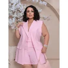 Conjunto Feminino Plus Size Colete + Cropped Integrado + Shorts Cintura Alta