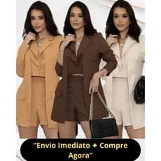 Conjunto Feminino Alfaiataria Blazer e Cropped integrado  e Shorts Social Elegante Moda Executiva