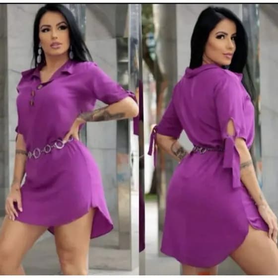 Vestido Chemise Viscose Feminino Manga Curta Botões Casual Elegante