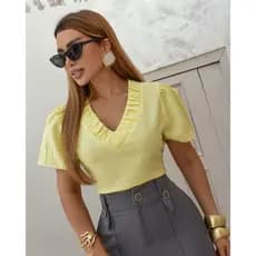 Blusa Social Feminina Elegante Decote V   Manga Bufante