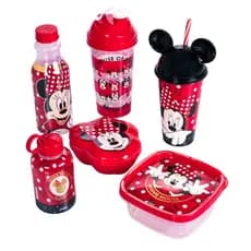Kit Minnie Vermelho 6 Peças - Pote - Garrafa - Shakeira - Porta Mix - Copo com Canudo
