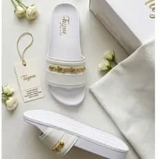 Chinelo Slide Tayme Feminino Tira Dourada