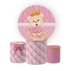 Kit Decorativo Painel Redondo C/ Elástico + Trio Capa Cilindro Ursa Realeza Rosa Veste Fácil