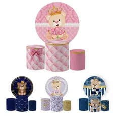 Kit Painel Redondo 1,5 + Trio Capas Cilindros P M G Festa Decoração Ursinho Realeza Menino Menina