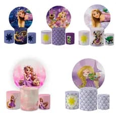Kit Capa Painel Redondo 1,5 + Trio Cilindros Decoração Festa Aniversário Infantil Enrolados R@punz3l