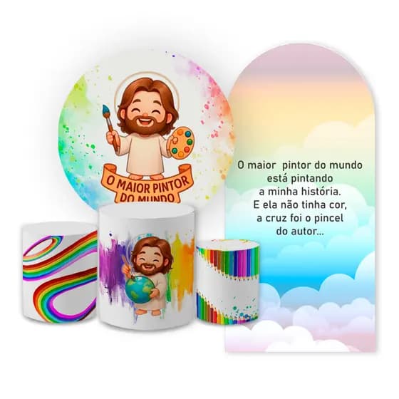 Kit Casadinho Capas De Painel E Cilindro Maior Pintor Do Mundo Jesus Cristão Festa Religiosa