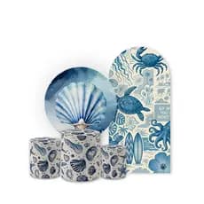 Kit Capa Painel + Trio Cilindros Fundo do Mar Festa Infantil Oceano Aniversário Menino Menina