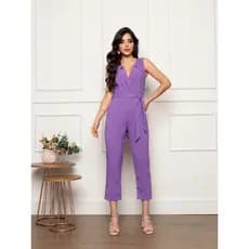 Macacão longo feminino com faixa para amarrar bolso frontal e decote V com botões estilo casual chic em linhão