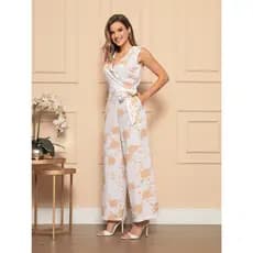 Macacão Longo Feminino - Estampado Gola Em V Com Detalhes Dobrados E Laço Na Cintura - Manga Curta Tecido Em Crepinho Casual / Ocasional / Confortável / Estampado