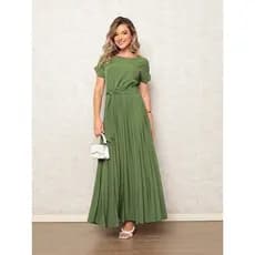 Vestido longo feminino plissado elegante gola redonda manga curta com amarração para trabalho festa e verão