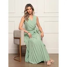Vestido Longo Plissado Sem Mangas - Decote em V, Cintura Ajustável e Caimento Elegante - Eventos e Ocasiões Especiais