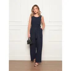 Macacão feminino longo com cinto ajustável sem manga cintura marcada com bolsos laterais conforto e sofisticação