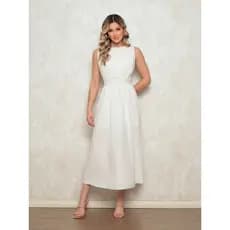 Vestido Feminino Elegante em Crepinho - Cintura Marcada, Decote Discreto e Saia Solta - Ideal para Formais e Casuais