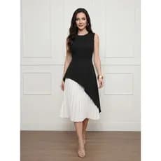 Vestido Feminino Em Crepinho Sem Manga Com Forro Plissado Separado Do Vestido