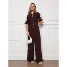 Macacão Feminino Esportivo Gola Polo Zíper Frontal Faixas Laterais Cintura Ajustada Bolsos Laterais Casual Confortável