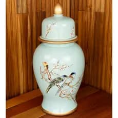 Jarro Decorativo Porcelana Pássaros Flores Com Tampa 59cm Azul-celeste Azul