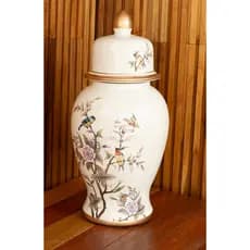 Jarro Decorativo Porcelana Pássaros Flores Com Tampa 59cm Branco
