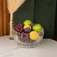 Fruteira De Cristal Canelado Redonda Com Base Transparente