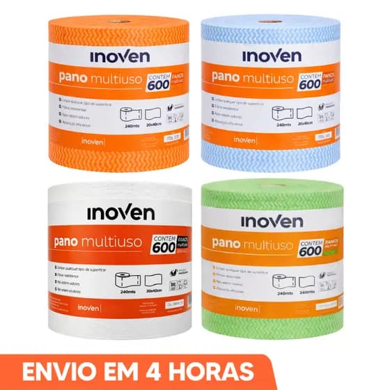 Kit Até 3 Rolos Pano Multiuso 20cm x 240m Perfex Limpeza Azul Branco Laranja Verde Inoven