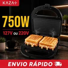 Sanduicheira Grill Elétrica Antiaderente 750 Watts Multifuncional 110V Ou 220V Prensa Dupla Preta