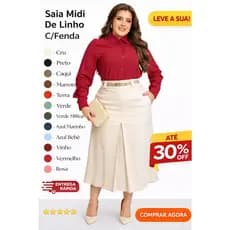 Saia Midi de Linho Moda Evangélica Fenda Fechada Com Forro Elegante Cintura Alta