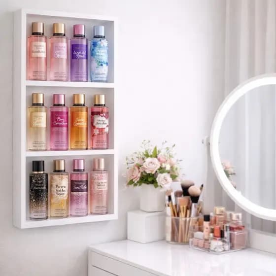 Expositor Prateleira Porta Body Splash Perfume 2 Prateleiras MDF 65x30x6cm Divisórias Multiuso
