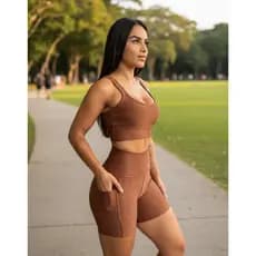 Kit Conjunto Canelado Top de Academia e Short com Bolso Para Corrida Roupa Fitness Topper Feminino Legging Feminina Alta