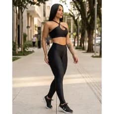 Kit Conjunto Canelado Top de Academia e Calça Legging Roupa Fitness Feminina Topper Feminino Ginástica Leg Alta Treino
