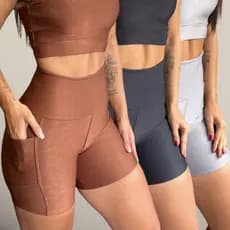 Kit 3 Short com Bolso Para Corrida Canelado Feminino Bermuda Fitness Legging de Academia Cintura Alta Feminina Ciclismo