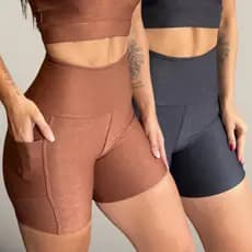 Kit 2 Short com Bolso Para Corrida Canelado Feminino Bermuda Fitness Legging de Academia Cintura Alta Feminina Ciclismo