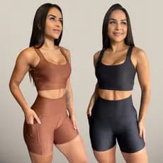 Kit 2 Conjuntos Canelados Short com Bolso e Top de Academia Topper Feminino Roupa Fitness Corrida Feminina Legging Alta