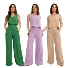 HBD 039# Conjunto Feminino Blusinha com Calça Pantalona em Tecido Duna Citura Com Elástico na Costas TR-CON-039