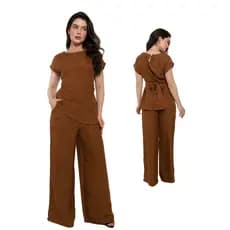 076# Conjunto Feminino Blusinha com Faixa Calça Pantalona em Tecido Duna Citura Com Elástico na Costas TR-CON-076