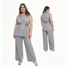 Conjunto Feminino Plus Size Colete Com Faixa E Calca Com Elastino Cos Pantalona CONPL-049