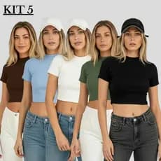 Kit 5 Cropped Feminino Algodão Ribana Canelado Gola Redonda Blusa Manga Curta