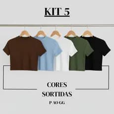 Kit 5 Camiseta Cropped Ribana Algodão Manga Curta Canelada Gola Redonda