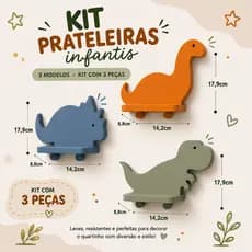 Kit 3 Prateleiras Infantis Dinossauro Decorativa 18cm Parede Quarto Bebê com Fita 3M Decoração dinossauro