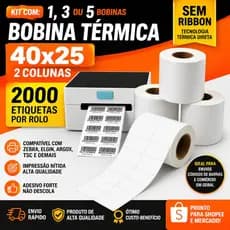 Kit 5, 3, 1 Bobina Térmica Adesiva Com 2000 Etiquetas 40x25mm 2 Colunas Mercado Envios Impressora