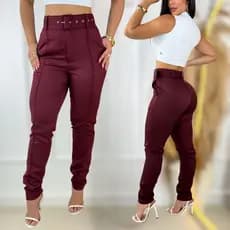 Calça Alfaiataria Com Cinto Feminina Social Elegante Com Zíper Casual Com Bolsos Cintura Alta