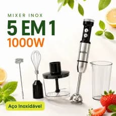 Mixer 5 em 1 Inox 110V ou 220V 1000W Multifuncional Triturador de Alimentos Batedor Processador Copo