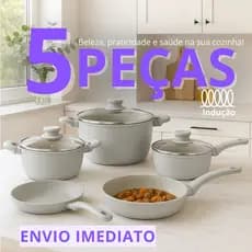 Jogo de Panelas Kaza+ Antiaderente Cerâmica Cinza Claro 5 Peças Conjunto Ceramic Com Indução