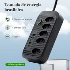 COIBEU Extensão 5 Tomadas 4 USB 1 Type-C Universal Bivolt Power 110v/220v 2m/5m WKC-541